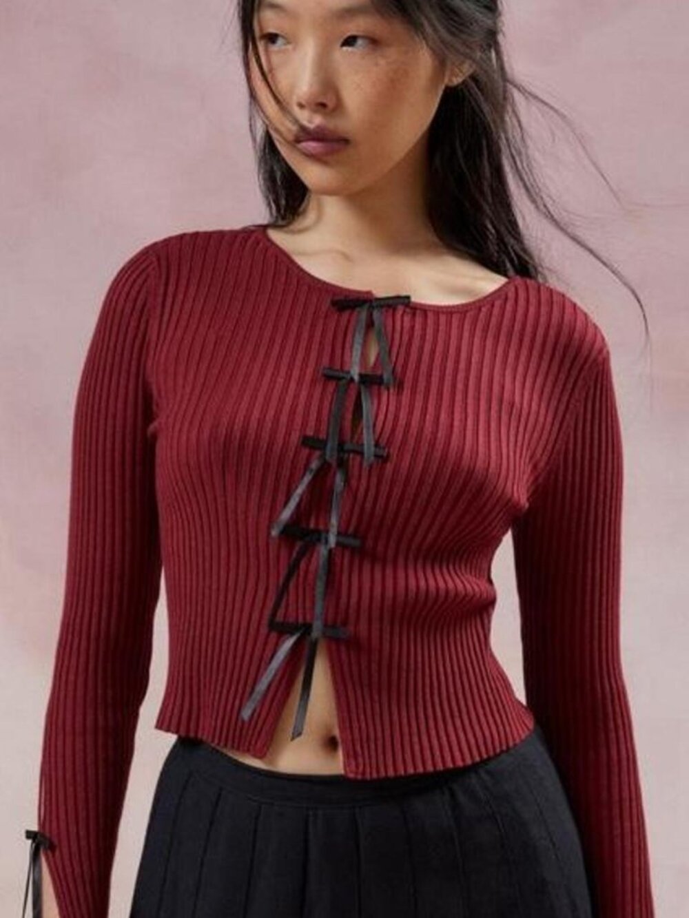 Kimchi Blue Peyton Bow Cardigan Sweater Burgundy Urban Outfitters NEW NWT Large